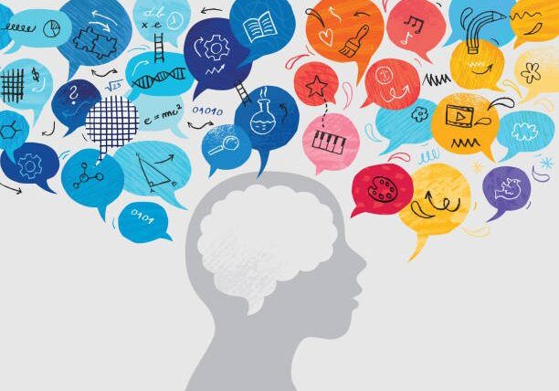 Montage vector illustration composed from paper cut out speech bubbles, handmade textures and doodle icons. Logic vs creative brain functions concept.